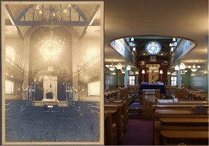 Left side: Interior of the English, German and Polish Synagogue (later renamed the Shaar Hashomayim Synagogue) on St. Constant Street (now du Bullion St.) in 1866. The Torak Ark (Aron Kodesh) shown in the photograph was purchased by the Bagg St. Shul when the Shaar Hashomayim moved from its location on McGill College Avenue (1886 - 1921) to its current location in Westmount in 1921. Right side: Bagg Street Shul today